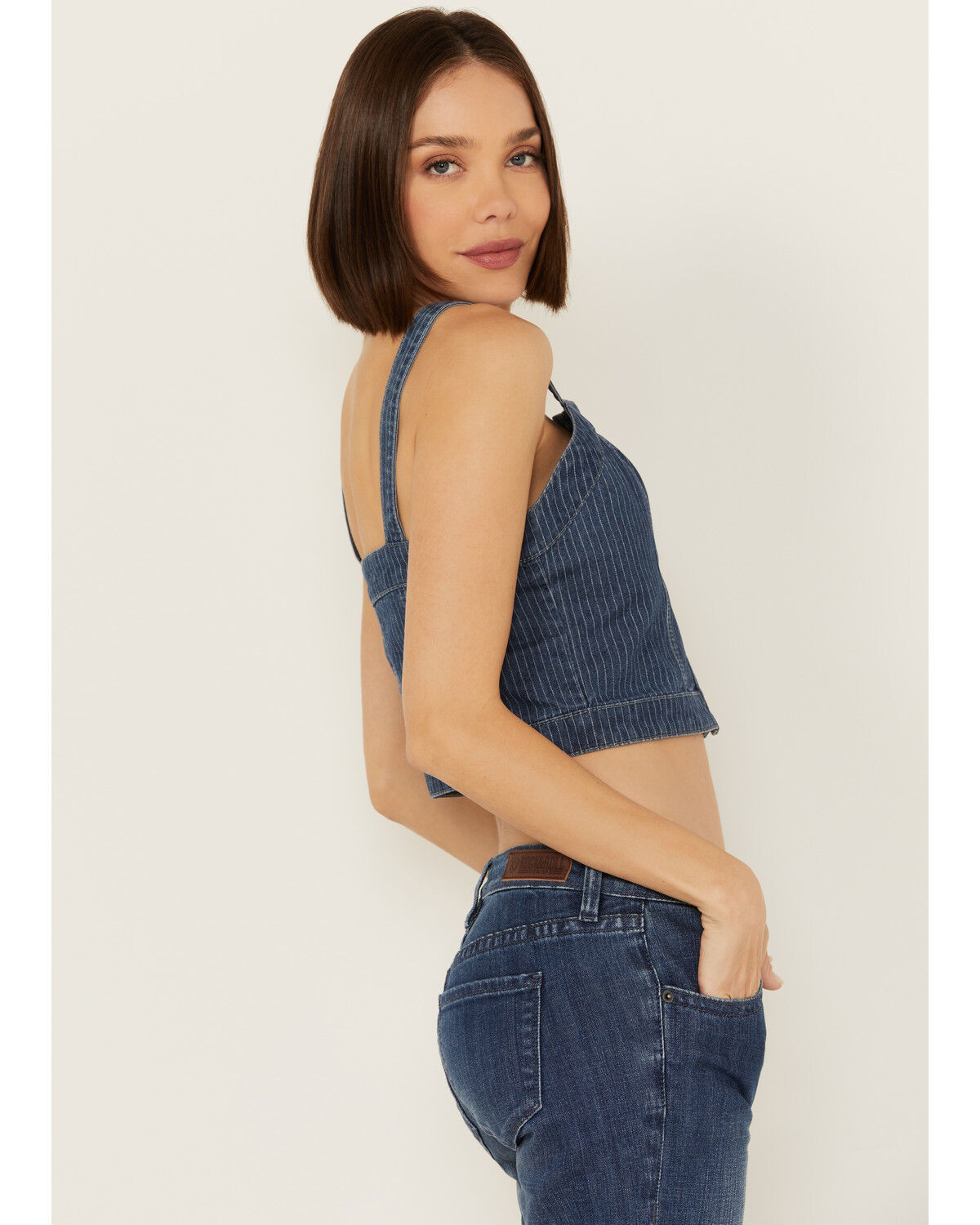 Image #2 - Rock & Roll Denim Women's Dark Wash Pinstripe Denim Corset Crop Top, Dark Wash, hi-res