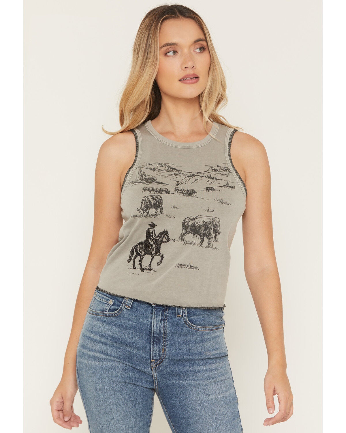 Image #1 - Blended Women's Embroidered Graphic Print Sleeveless Tank Top, Grey, hi-res