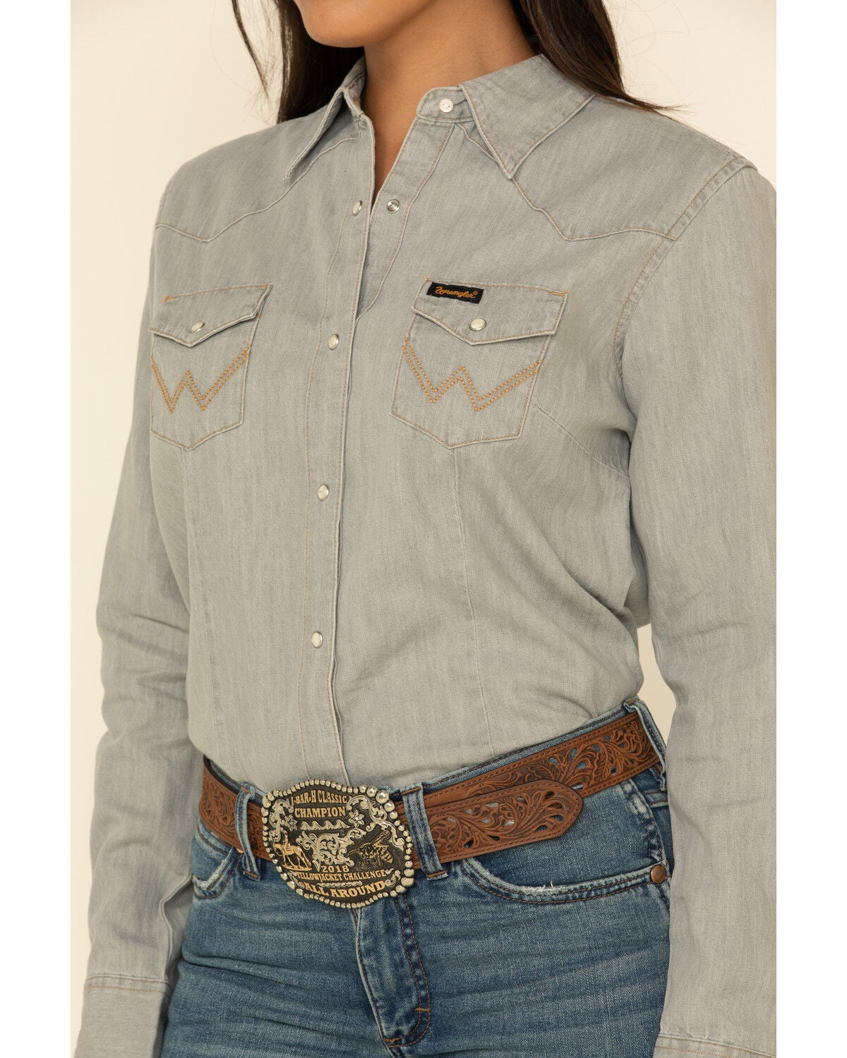 Image #4 - Wrangler Women's Solid Long Sleeve Snap Denim Shirt, Grey, hi-res