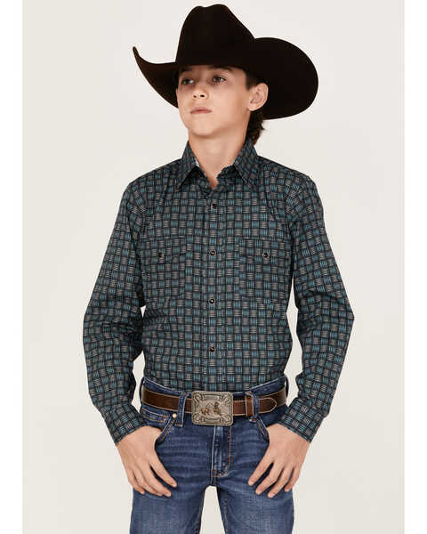 Panhandle Boys' Woven Stripe Print Long Sleeve Western Snap Shirt, Light Blue, hi-res