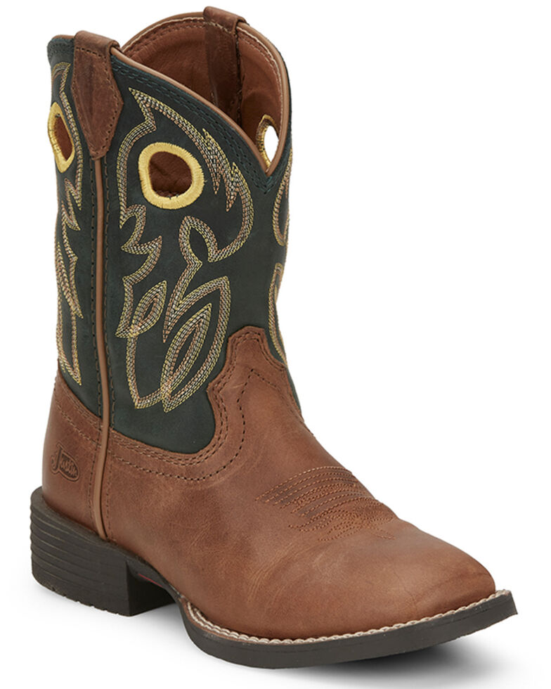 Justin Boys' Bowline Junior Western Boots - Wide Square Toe, Green/brown, hi-res