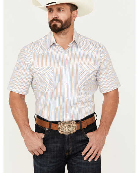 Image #1 - Rough Stock by Panhandle Men's Dobby Striped Short Sleeve Pearl Snap Western Shirt, White, hi-res