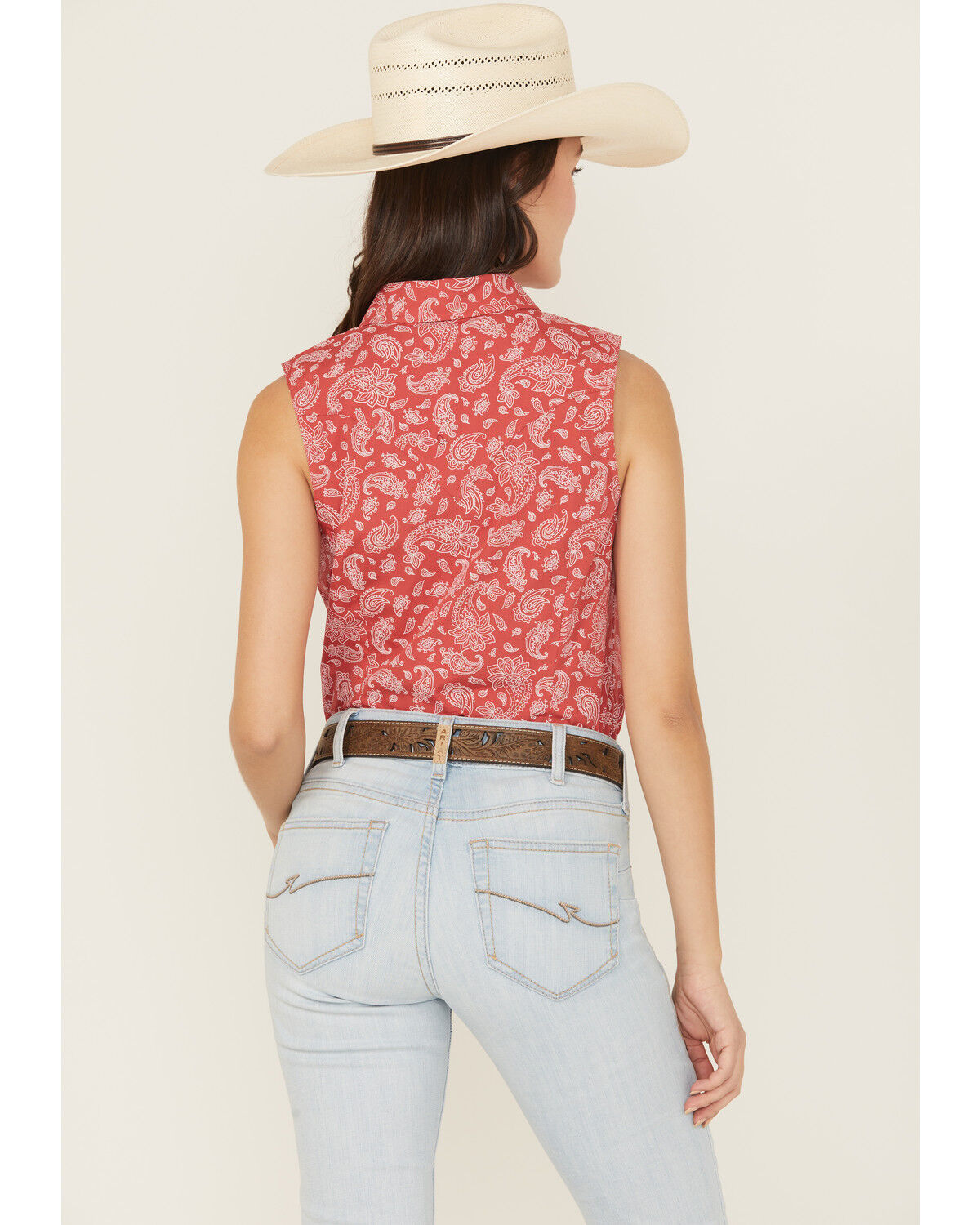 Image #4 - Wrangler Retro Women's Boot Barn Exclusive Paisley Print Sleeveless Pearl Snap Western Shirt, Red, hi-res