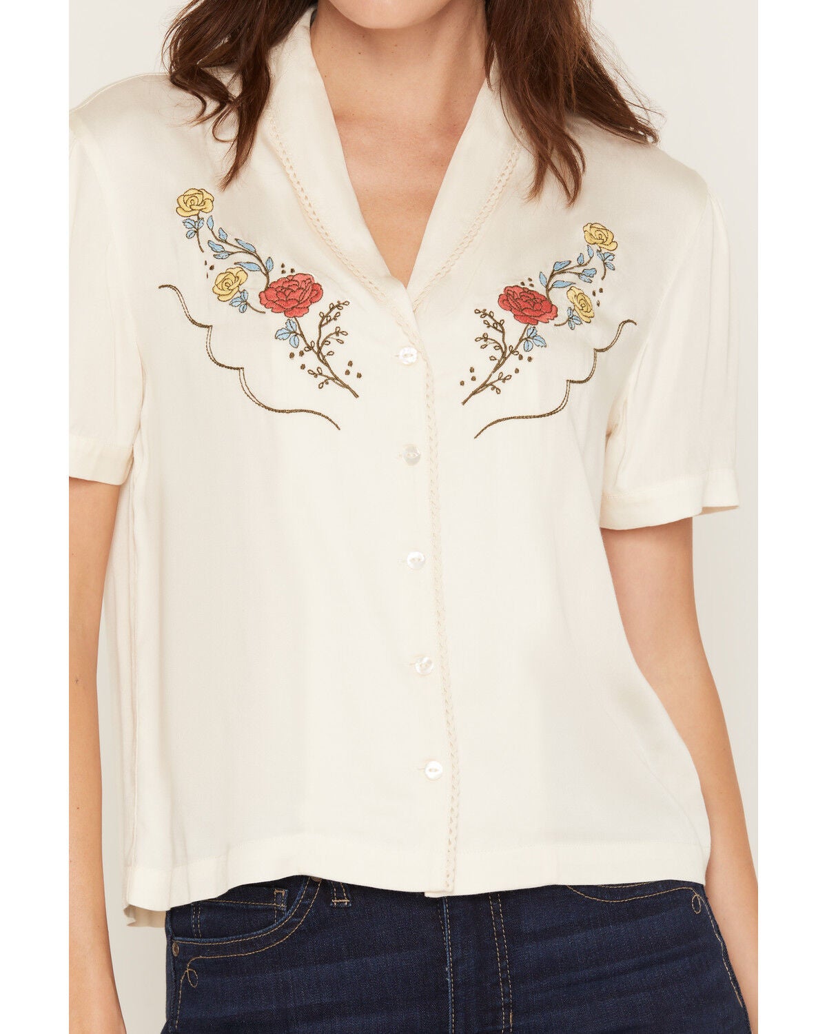 Image #3 - Sendero Provisions Women's Prairie Rose Embroidered Short Sleeve Button-Down Blouse, White, hi-res