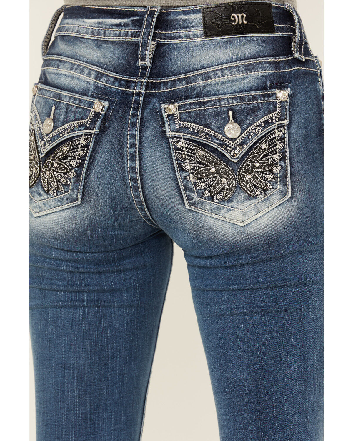 Image #2 - Miss Me Women's Medium Wash Mid Rise Wing Pocket Stretch Bootcut Jeans, Medium Wash, hi-res