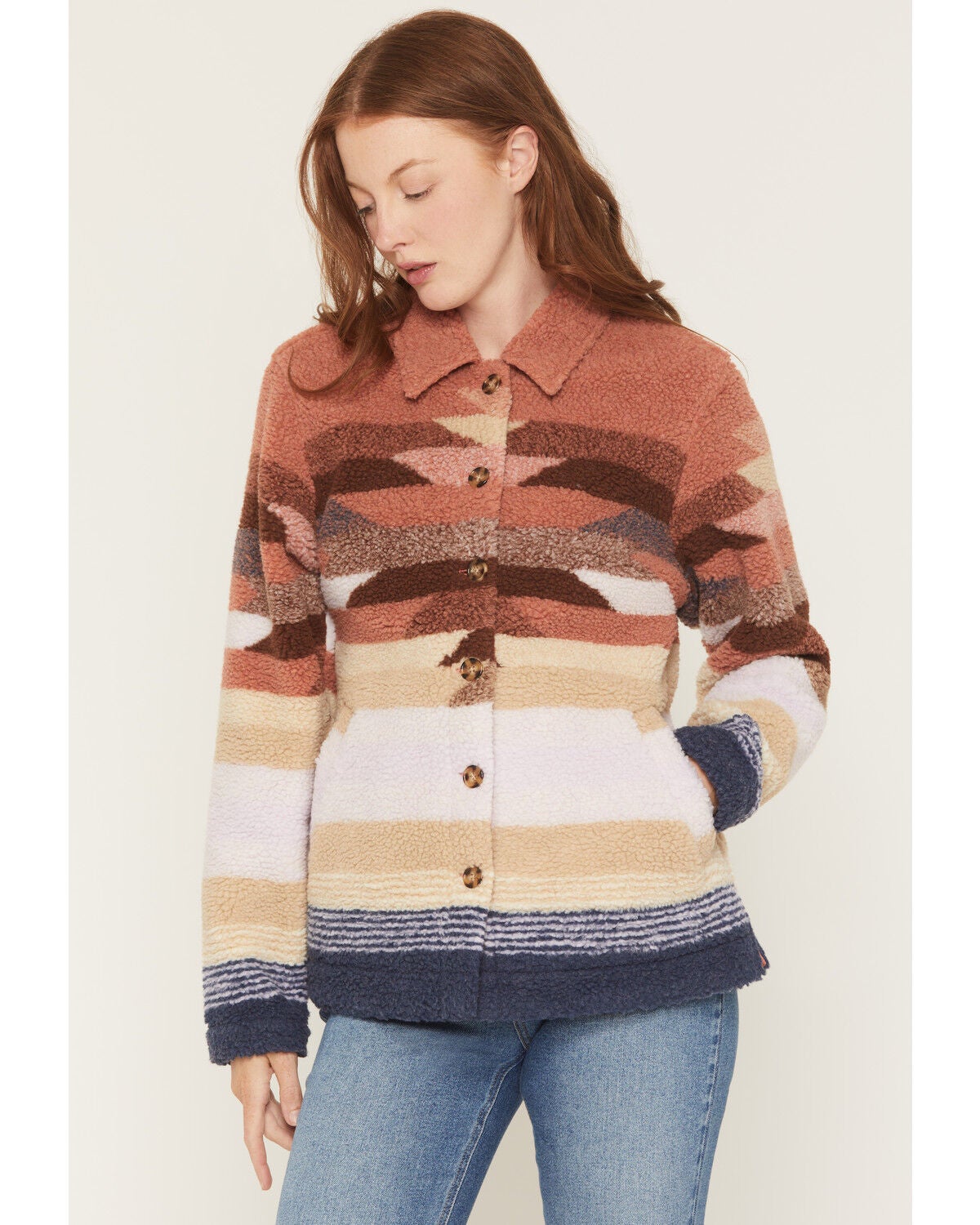 Idyllwind Women's Stallion Southwestern Print Sherpa Button-Down Shacket, Sienna, hi-res