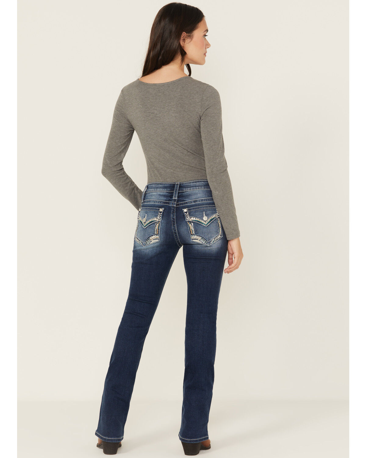 Image #1 - Shyanne Women's Embroidered Dark Wash Mid Rise Bootcut Stretch Denim Jeans, Dark Wash, hi-res