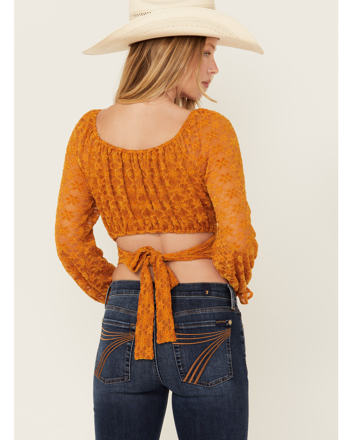 Image #4 - Beyond The Radar Women's Floral Lace Long Sleeve Tie Back Cropped Shirt, Gold, hi-res