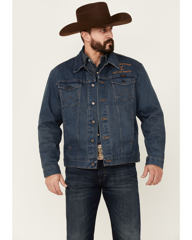 Wrangler Men's Yellowstone Dutton Ranch Embroidered Button-Down Denim Jacket , Indigo, hi-res