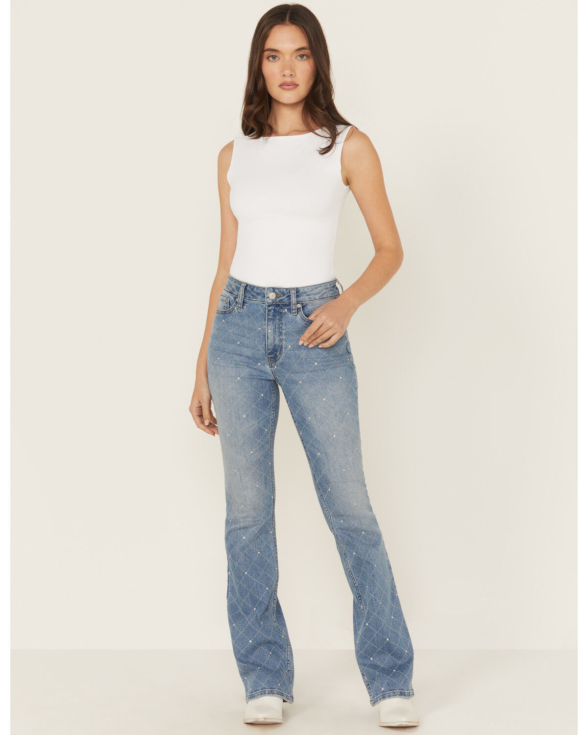 Image #1 - Shyanne Women's Luna Embellished High Rise Flare Stretch Denim Jeans, Light Wash, hi-res