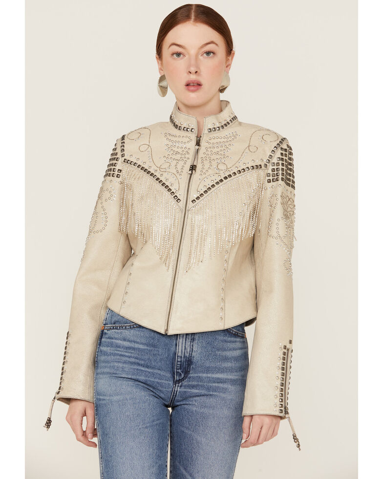 Double D Ranchwear Women's Iced Crystals Leather Jacket, White, hi-res