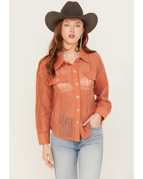 Image #1 - Very J Women's Crochet Button-Down Shirt, Rust Copper, hi-res