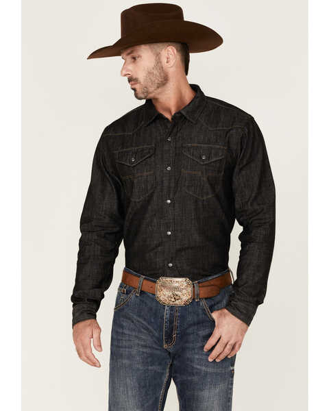 Kimes Ranch Men's Grimes Wash Denim Long Sleeve Pearl Snap Western Shirt , Black, hi-res