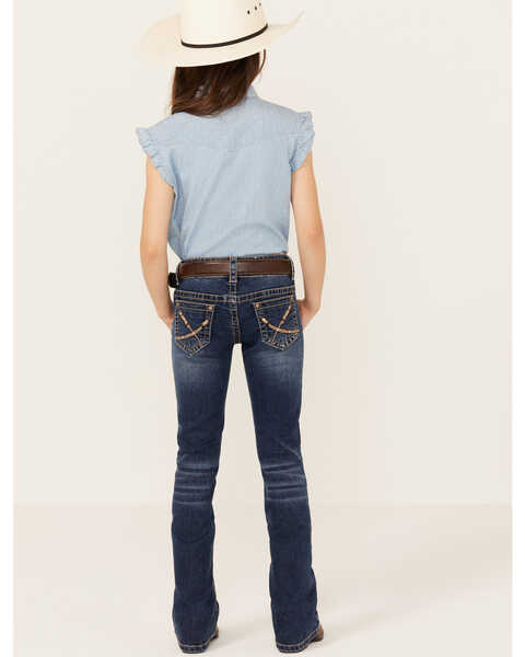 Image #3 - Shyanne Little Girls' Dark Wash Arrow Embroidered Stretch Bootcut Jeans , Blue, hi-res