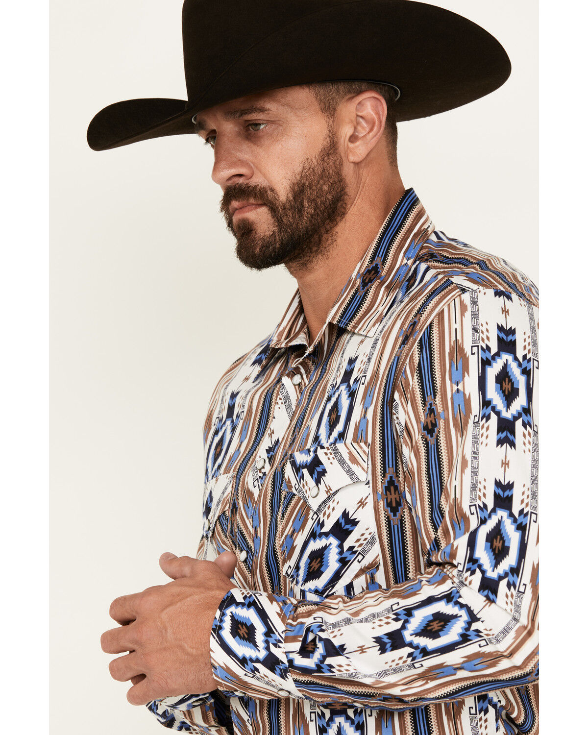 Image #2 - Rock & Roll Denim Men's Southwestern Print Long Sleeve Snap Stretch Western Shirt, Blue, hi-res