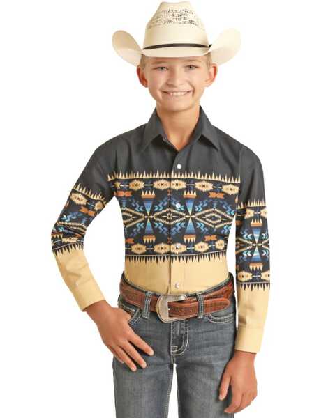 Panhandle Boys' Southwestern Border Long Sleeve Pearl Snap Western Shirt , Multi, hi-res