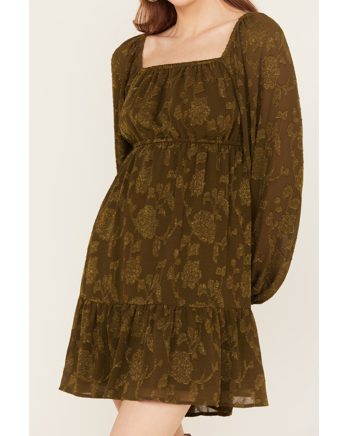 Image #3 - Jolt Women's Jacquard Long Sleeve Mini Dress, Olive, hi-res