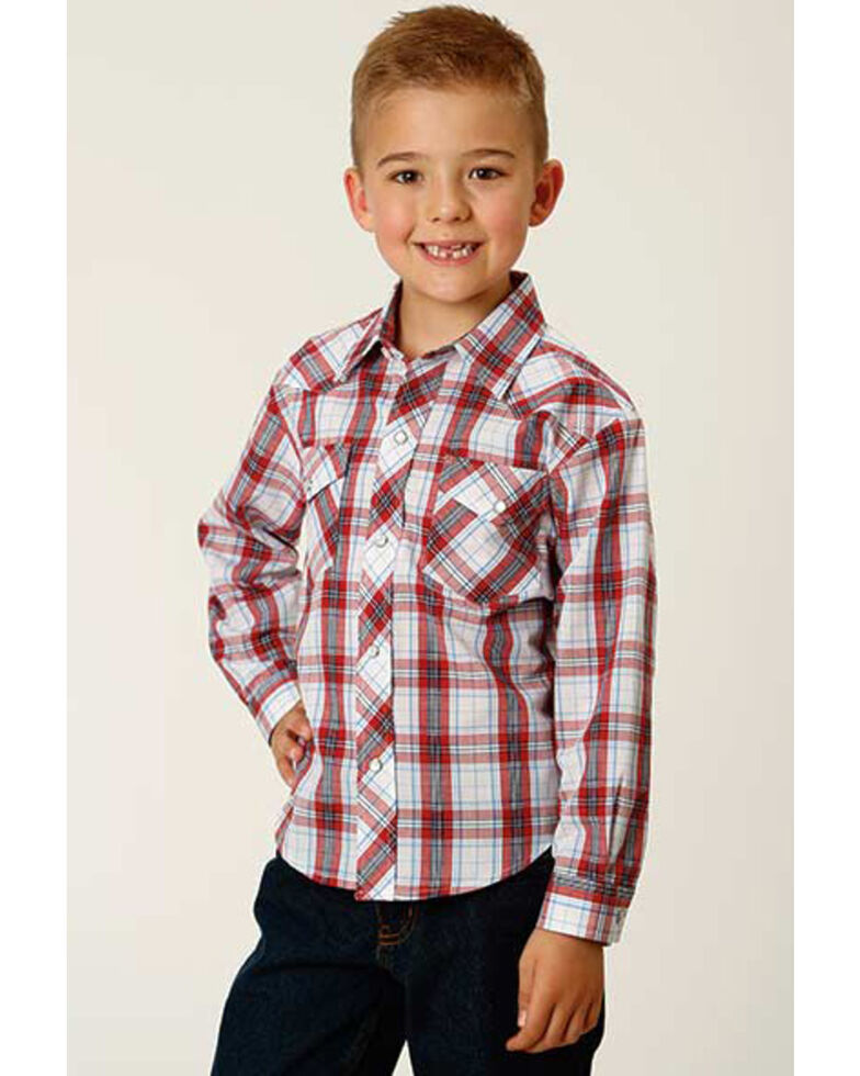 Roper Boys' Classic Red Plaid Long Sleeve Snap Western Shirt , White, hi-res