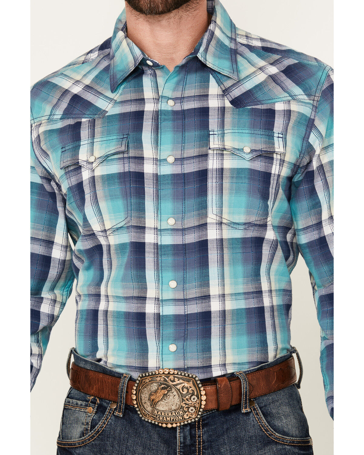 Image #3 - Wrangler Retro Men's Plaid Print Long Sleeve Snap Western Shirt, Teal, hi-res