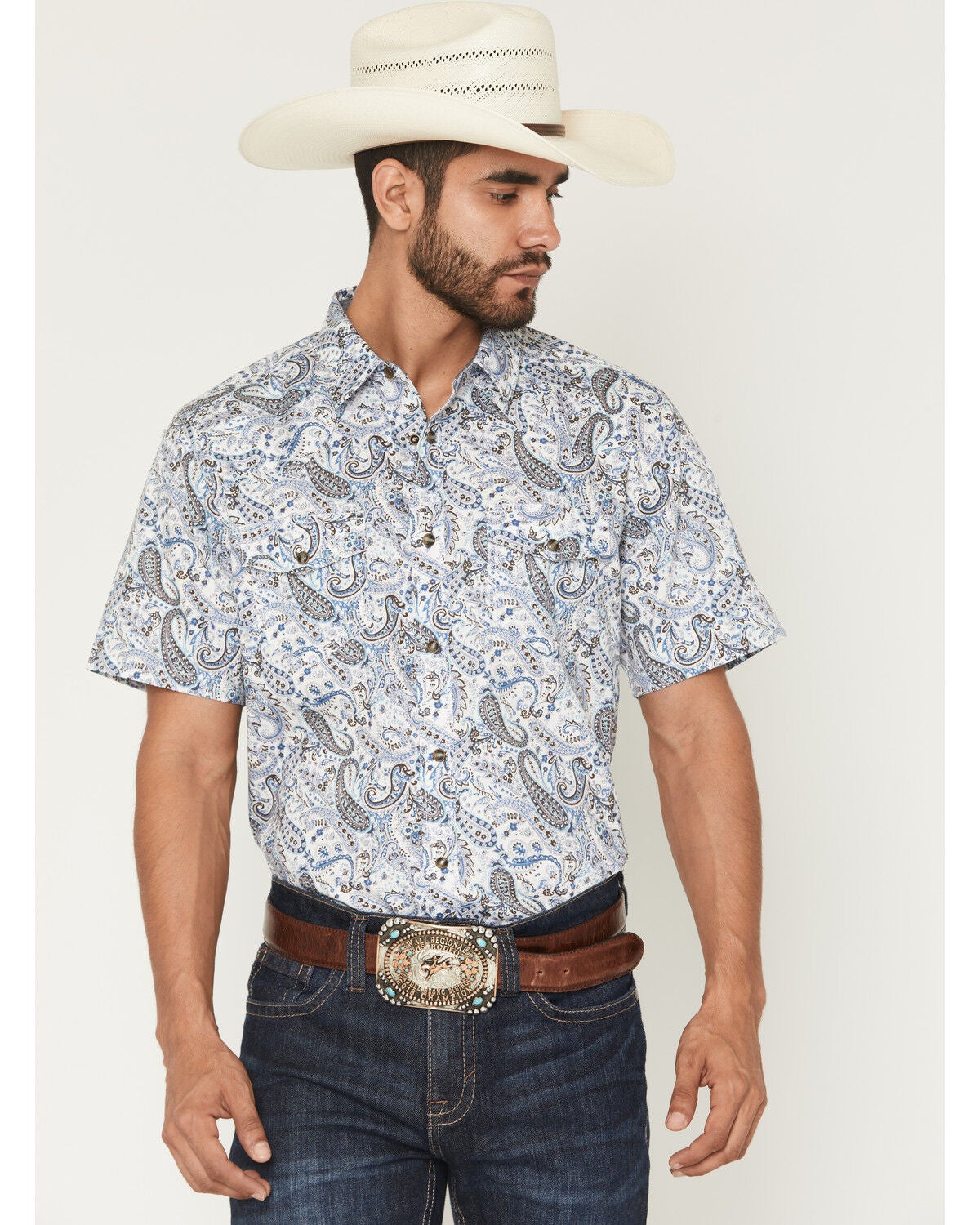 Image #1 - Cody James Men's Ryder Paisley Print Short Sleeve Snap Western Shirt, Cream, hi-res
