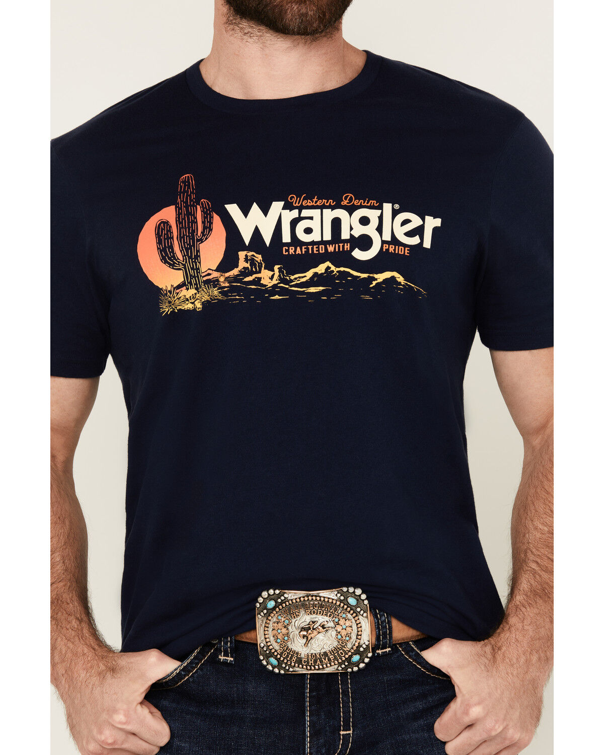 Image #3 - Wrangler Men's Boot Barn Exclusive Scenic Logo Short Sleeve Graphic T-Shirt, Navy, hi-res
