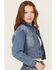 Image #2 - Vibrant Denim Women's Rhinestone Embellished Cropped Denim Jacket , Medium Wash, hi-res