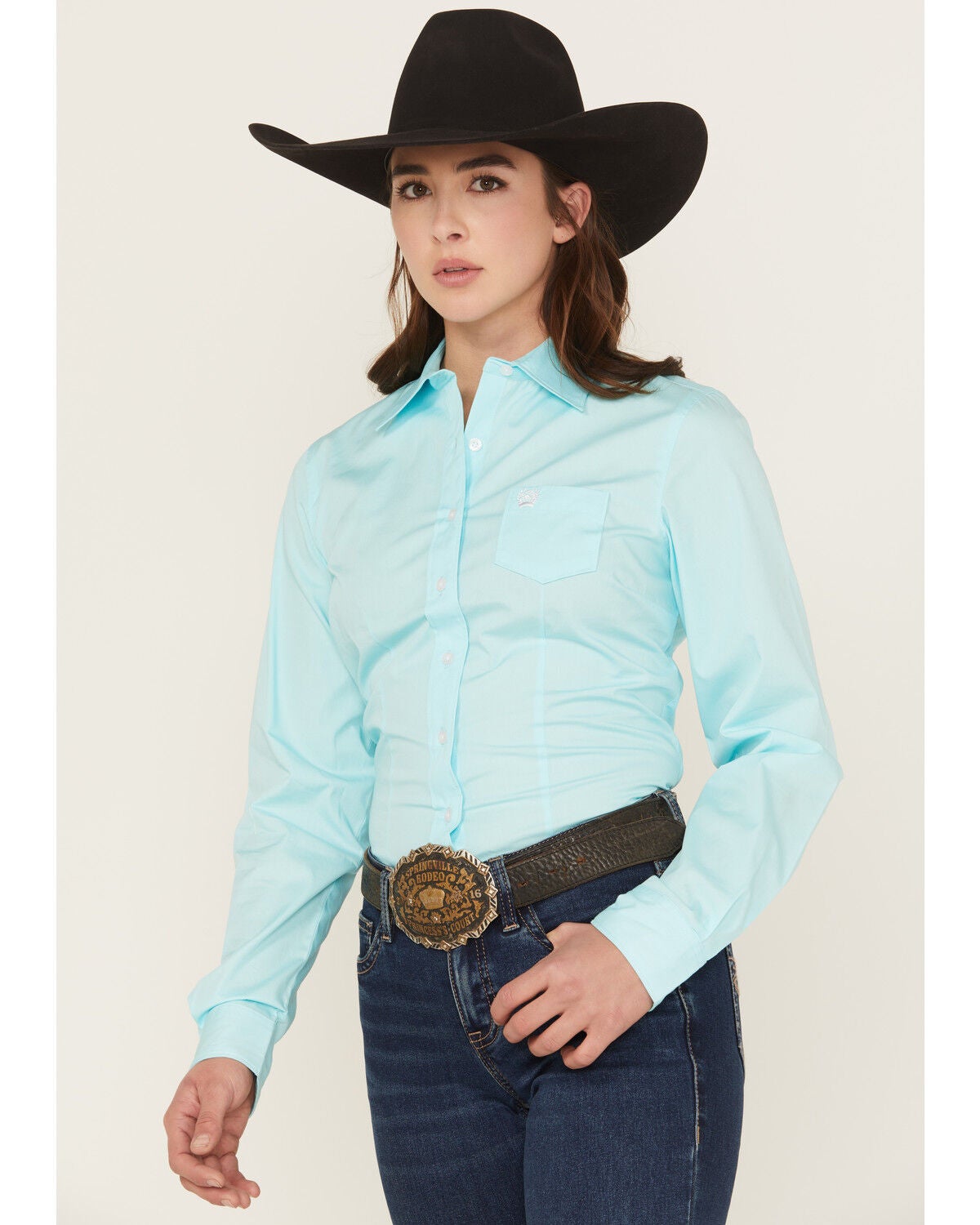 Cinch Women's Solid Long Sleeve Button-Down Western Shirt, Turquoise, hi-res