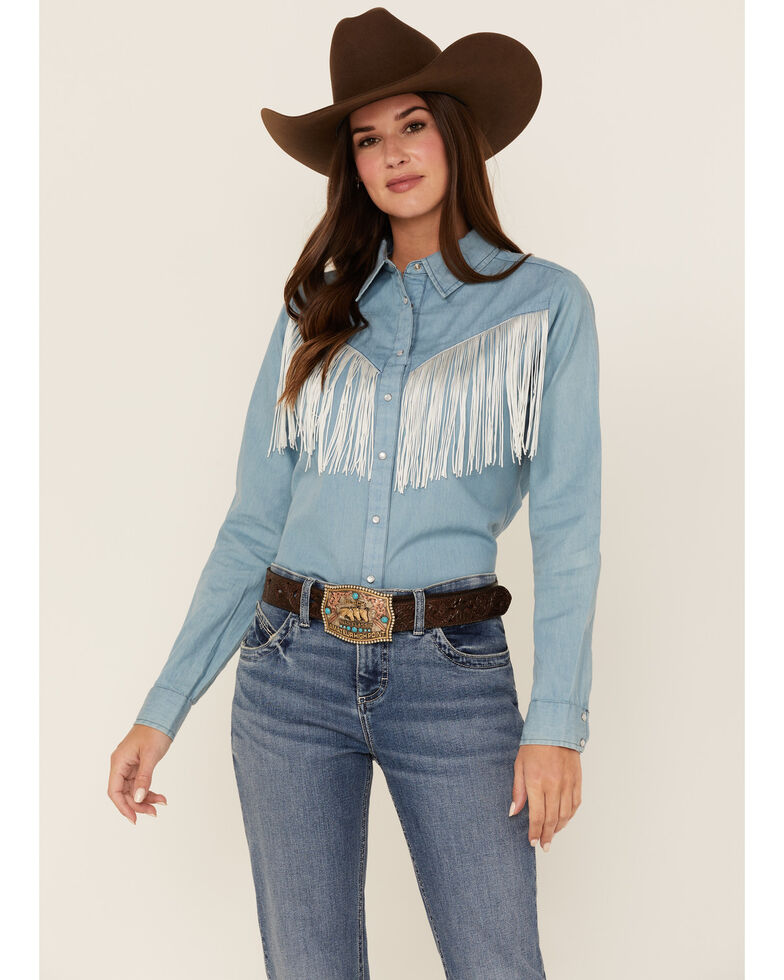 Roper Women's Fringe Yoke Denim Western Snap Shirt, Blue, hi-res