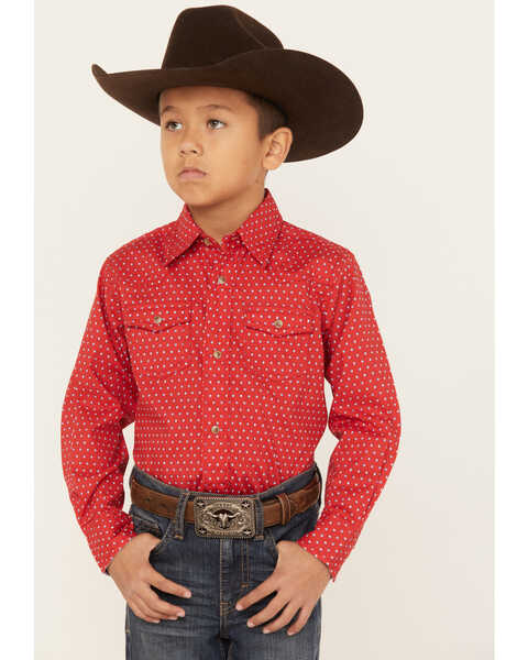 Wrangler 20x Boys' Geo Print Long Sleeve Western Snap Shirt, Red, hi-res