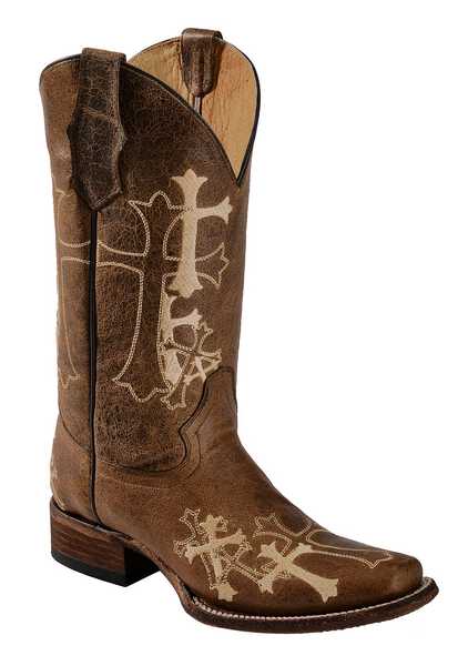 Circle G Women's Cross Embroidered Western Boots - Square Toe, Chocolate, hi-res