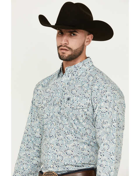 Image #2 - Ariat Men's Emery Paisley Print Long Sleeve Pearl Snap Western Shirt , Light Blue, hi-res