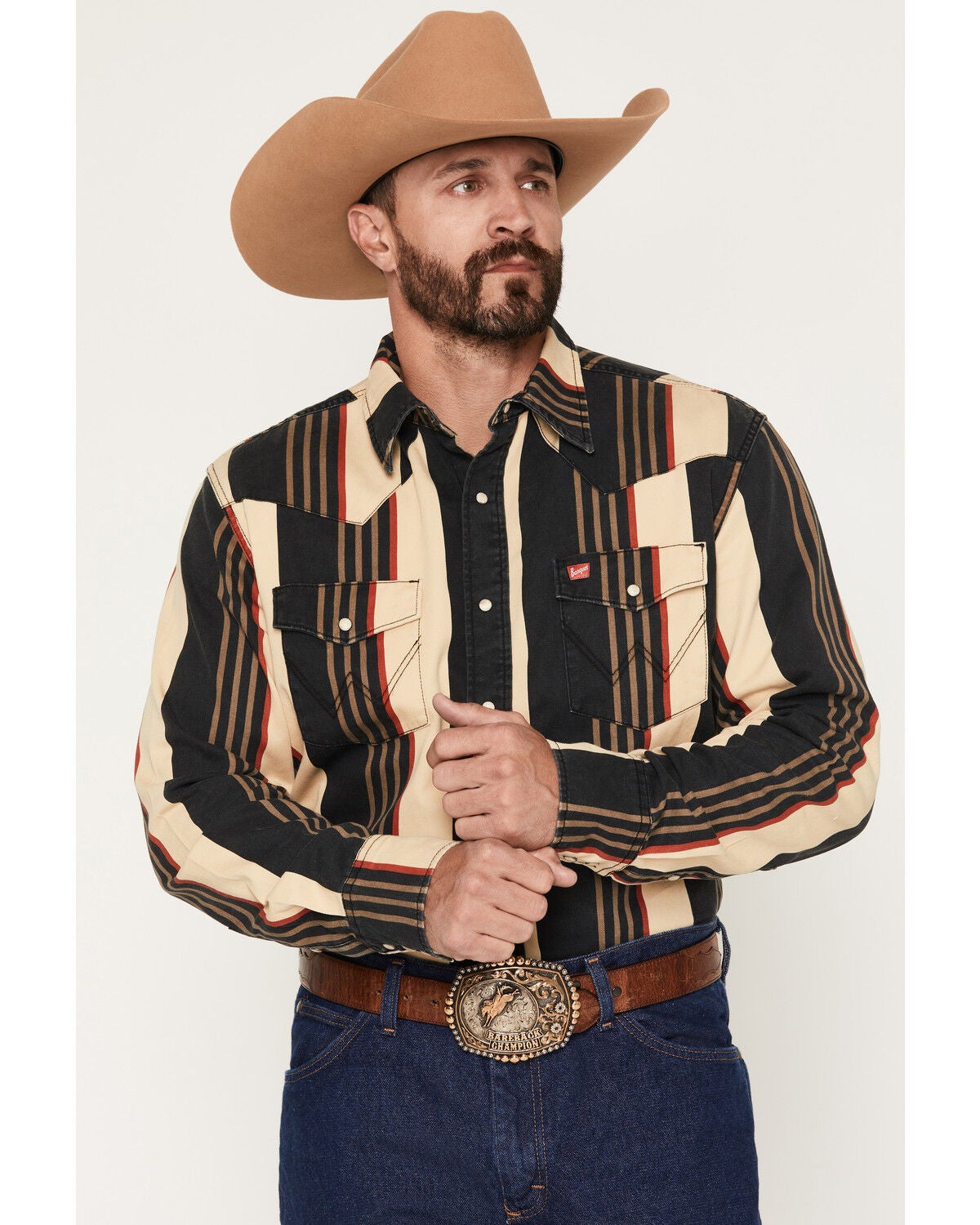 Wrangler X Coors Men's Cowboy Cut Striped Print Long Sleeve Snap Western Shirt, Black, hi-res