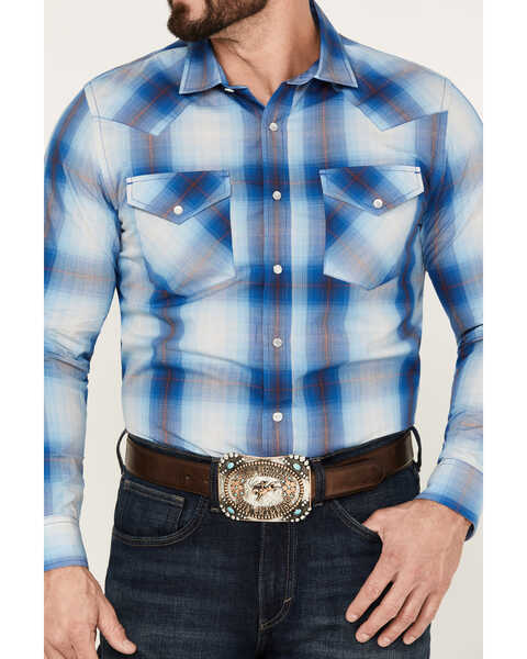 Image #3 - Pendleton Men's Frontier Plaid Print Long Sleeve Pearl Snap Western Shirt, Blue, hi-res