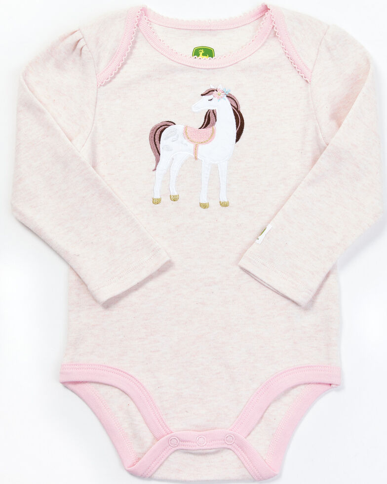 John Deere Infant Girls' Pink Embroidered White Horse Onesie, Pink, hi-res
