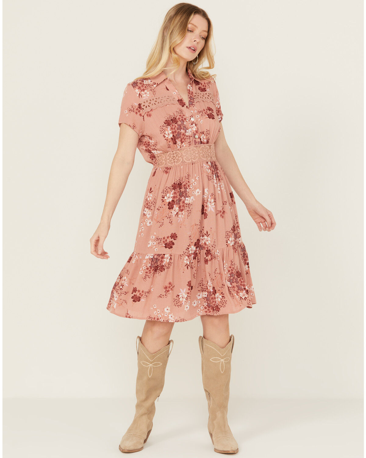 Image #1 - Wild Moss Women's Lace Trim Midi Dress, Pink, hi-res