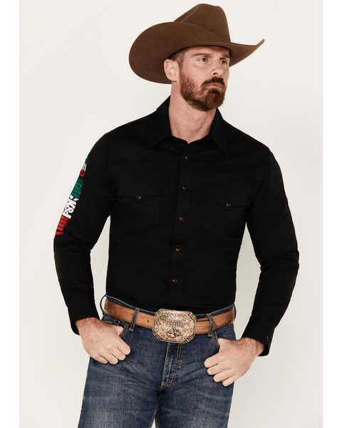 Image #1 - Rock & Roll Denim Men's Mexico Logo Long Sleeve Western Snap Shirt, Black, hi-res