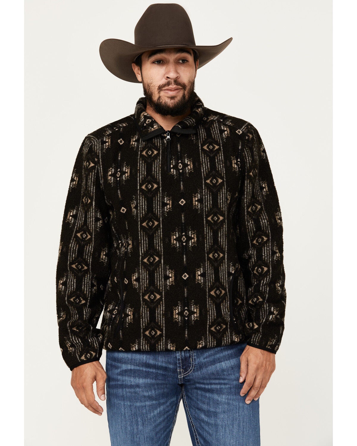 Rock & Roll Denim Men's Southwestern Print Berber Pullover, Charcoal, hi-res