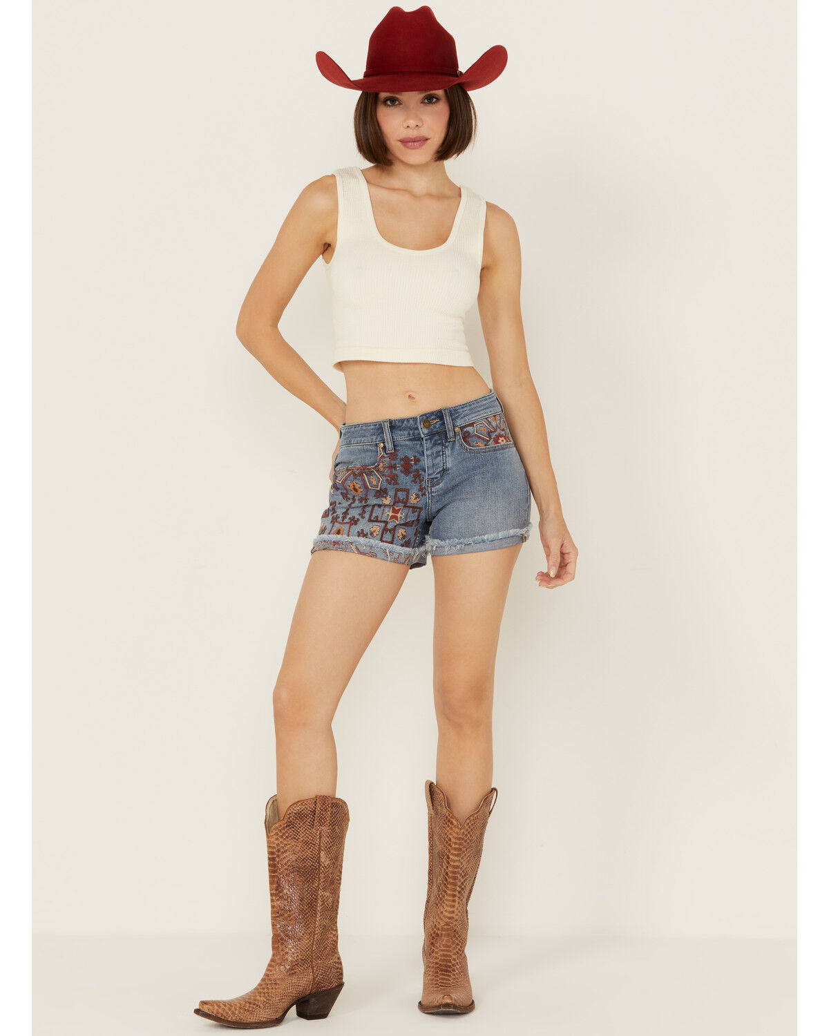 Image #1 - Shyanne Women's Medium Wash Novelty Embroidery Mid Rise Stretch Denim Shorts, Medium Wash, hi-res