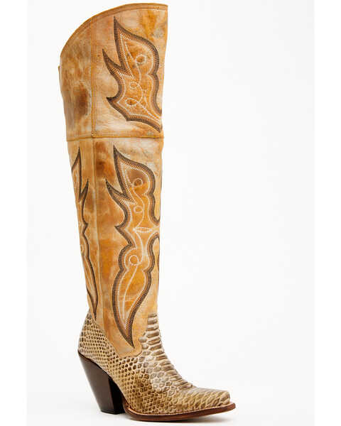 Dan Post Women's 20" Faux Python Aretha Tall Western Boots - Snip Toe , Honey, hi-res