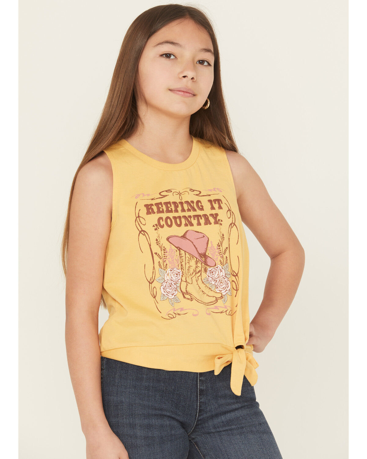 Image #1 - Buttercup Girls Keeping It Country Sleeveless Graphic Tank Top, Mustard, hi-res