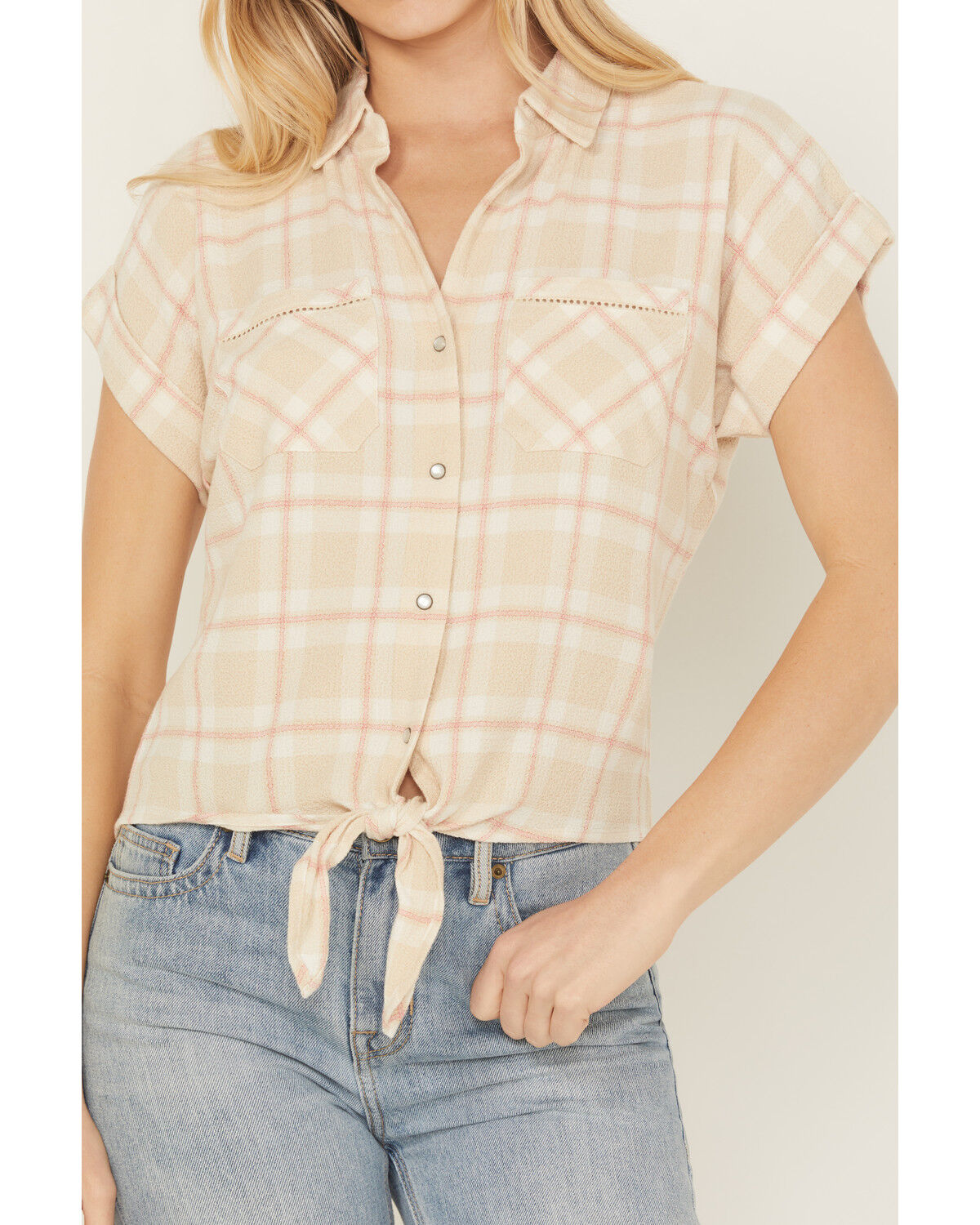 Image #3 - Shyanne Women's Plaid Print Tie-Front Camp Shirt, Sand, hi-res