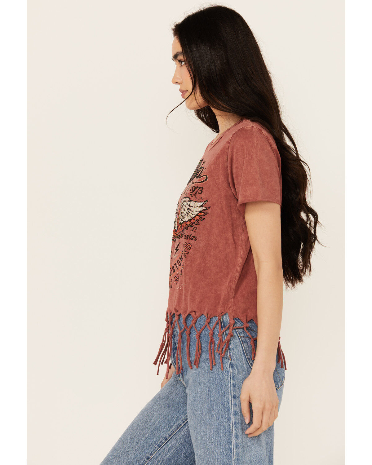Image #2 - Affliction Women's Moto Fringe Short Sleeve Graphic Tee, Rust Copper, hi-res