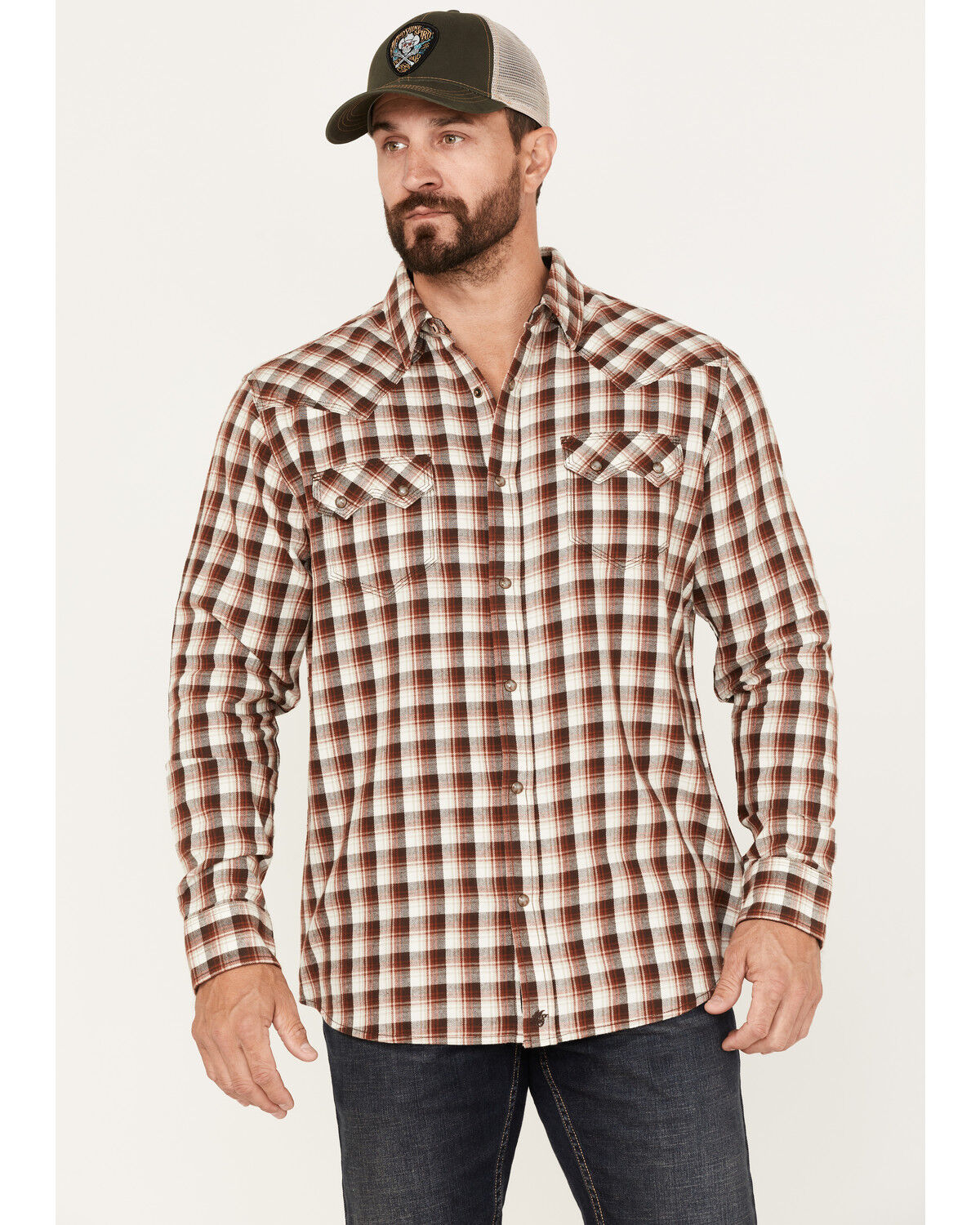 Image #2 - Moonshine Spirit Men's Dirt Runner Plaid Print Snap Western Flannel Shirt, Cream, hi-res