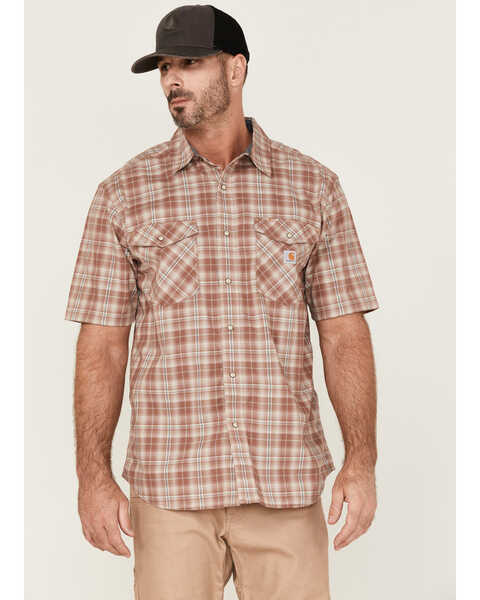 Carhartt Men's Rugged Flex Nutmeg Plaid Relaxed Short Sleeve Snap Western Shirt , Brown, hi-res