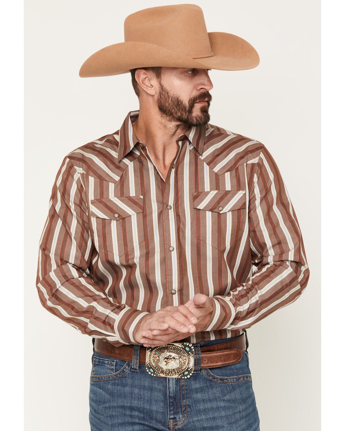 Image #1 - Gibson Trading Co Men's Cruise Control Stripe Print Long Sleeve Snap Western Shirt, Brown, hi-res