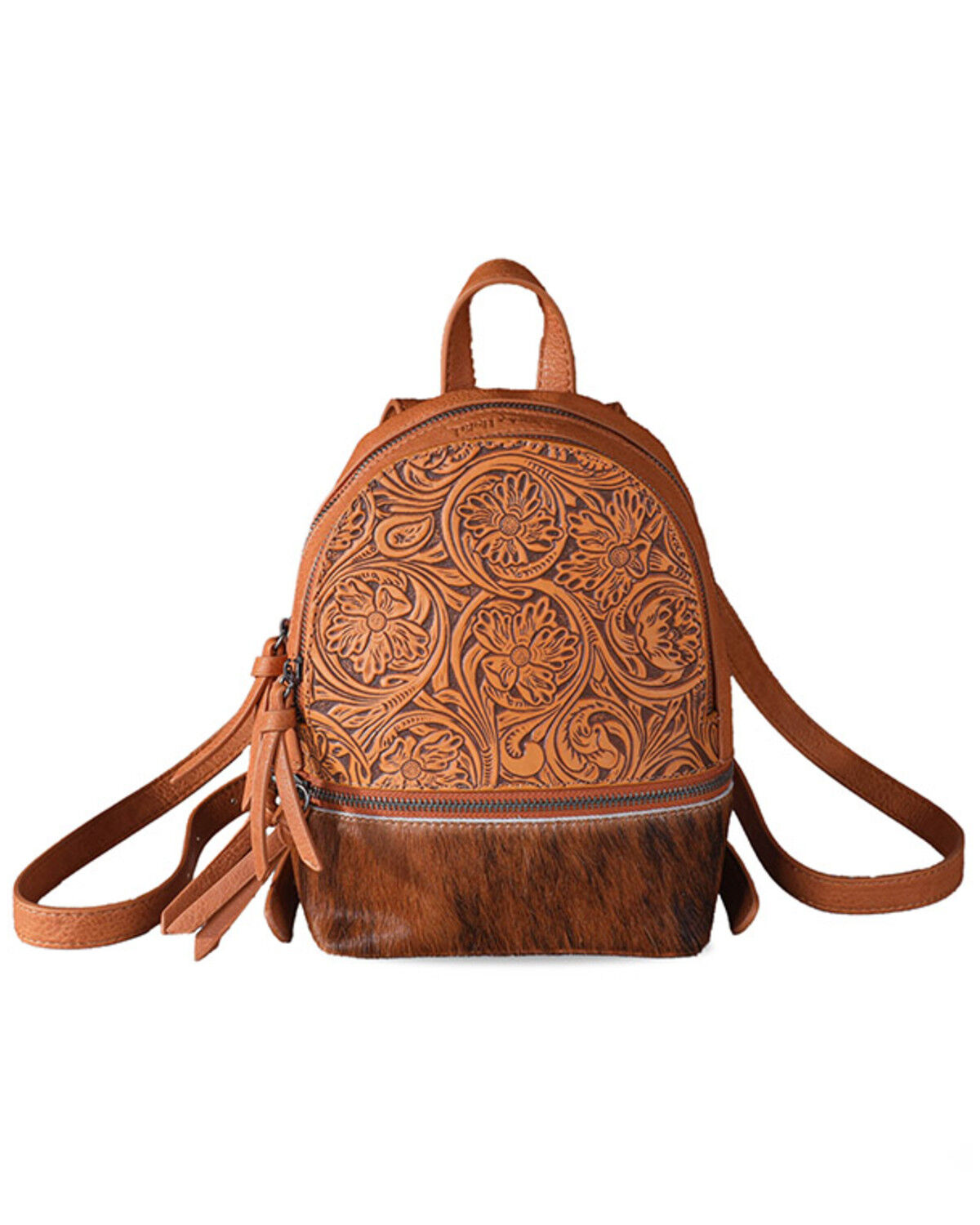 Image #1 - Trinity Ranch Women's Hairon Cowhide Tooled Mini Backpack, Lt Brown, hi-res