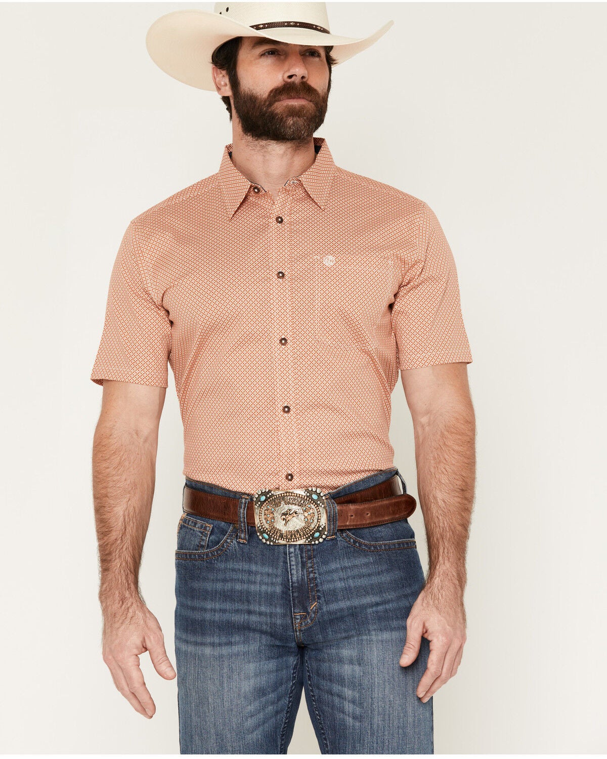 Cody James Men's Grill And Greet Medallion Print Short Sleeve Stretch Western Shirt - Tall, Red, hi-res
