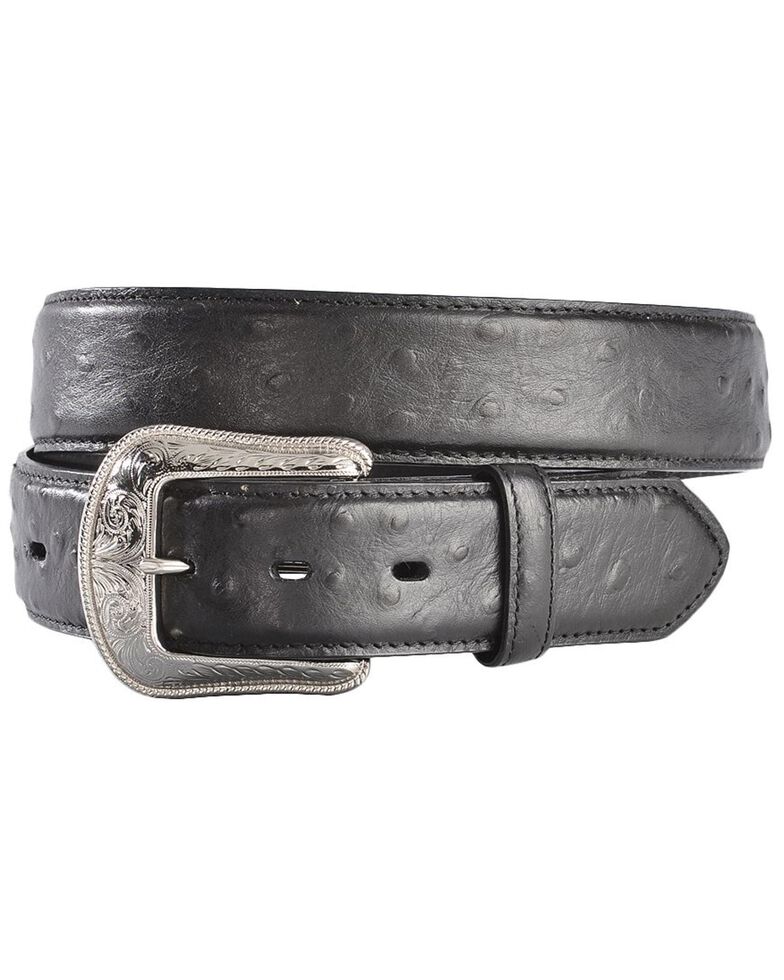 3D Black Ostrich Print Leather Belt, Black, hi-res