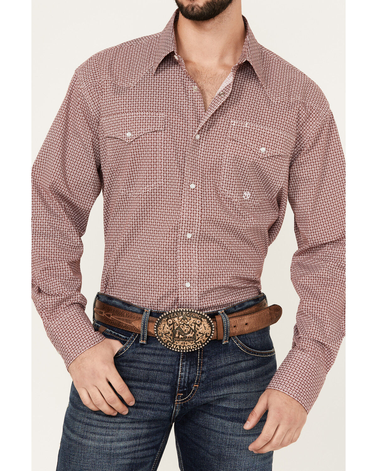 Image #3 - Roper Men's Amarillo Geo Print Long Sleeve Snap Stretch Western Shirt, Burgundy, hi-res