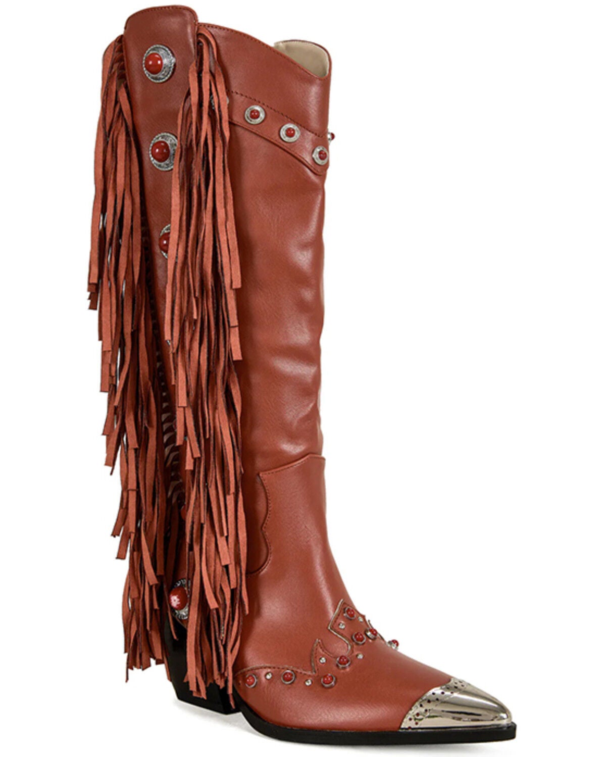 Image #1 - Azalea Wang Women's Pelagius Tall Fringe Western Boots - Round Toe, Red, hi-res